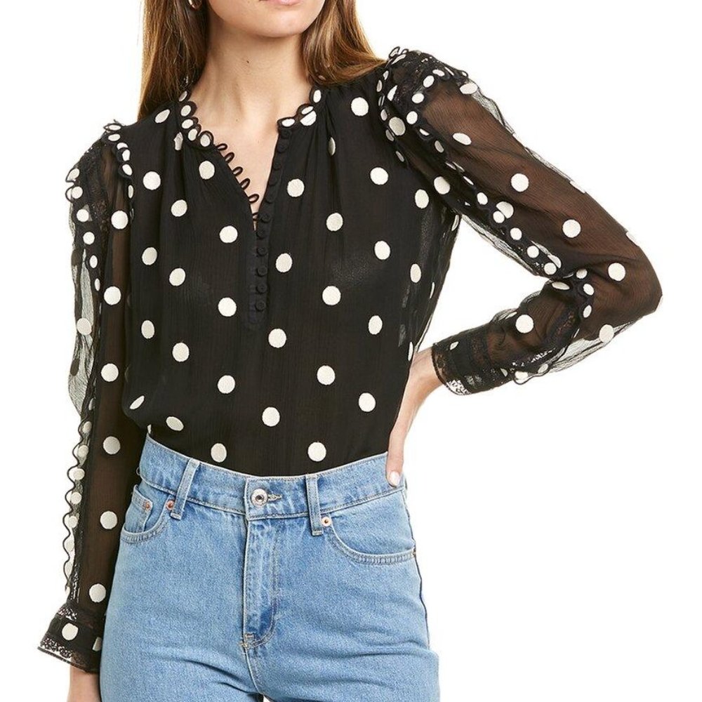 NEW Rebecca Taylor Silk Dot Embroidered Top Blouse Ruffle Lace Sheer Long Sleeve